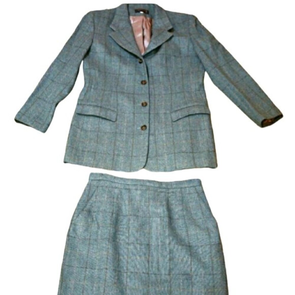 Country Shop Blue Plaid Wool Long Line Blazer & Skirt Suit 12 / 10 Dark Academia